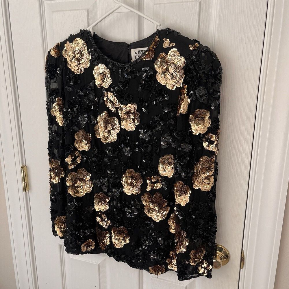 I. Magnin Vintage Sequence Black And Gold Flowered Top - Size Medium‎